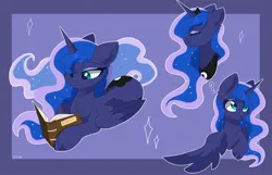 Size: 2048x1315 | Tagged: safe, artist:cinnamontee, derpibooru import, princess luna, alicorn, pony, book, chest fluff, confused, cute, eyes closed, female, folded wings, horn, image, jpeg, lunabetes, mare, open mouth, question mark, reading, signature, smiling, solo, wings