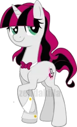 Size: 2300x3791 | Tagged: safe, artist:zeffdakilla, derpibooru import, oc, oc:raspberry serenade, unofficial characters only, pony, unicorn, bowtie, cuffs (clothes), female, flash, image, looking up, png, raised hoof, simple background, smiling, solo, standing, transparent background