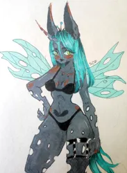 Size: 3084x4206 | Tagged: suggestive, artist:sheetofplywood8, derpibooru import, queen chrysalis, anthro, big ears, bra, clothes, female, hand on hip, human facial structure, image, jpeg, panties, solo, solo female, traditional art, underwear
