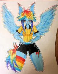 Size: 3472x4446 | Tagged: safe, artist:sheetofplywood8, derpibooru import, rainbow dash, anthro, pegasus, alternate hairstyle, clothes, eyes closed, female, hand on hip, human facial structure, image, jpeg, rainbow socks, shorts, socks, solo, spread wings, striped socks, traditional art, wings