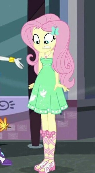 Size: 362x657 | Tagged: safe, derpibooru import, fluttershy, rarity, human, equestria girls, equestria girls series, street chic, spoiler:eqg series (season 2), clothes, dress, female, fluttershy is not amused, image, jpeg, offscreen character, solo focus, unamused