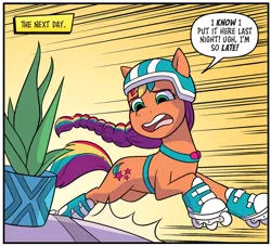 Size: 1145x1038 | Tagged: safe, artist:abby bulmer, derpibooru import, idw, sunny starscout, earth pony, pony, g5, spoiler:comic, spoiler:g5comic, spoiler:g5comic11, clothes, comic panel, converse, dialogue, helmet, image, jpeg, plant, roller skates, shoes, skates, solo, speech bubble, speed lines