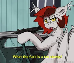 Size: 1909x1623 | Tagged: safe, artist:reddthebat, derpibooru import, oc, oc:reddthebat, unofficial characters only, bat pony, pony, bat pony oc, bat wings, car, female, freckles, gun, hoof hold, image, jpeg, mare, solo, submachinegun, subtitles, talking to viewer, this will end in an atf raid, uzi, vulgar, weapon, wings