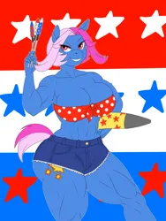Size: 1500x2000 | Tagged: suggestive, artist:lurking tyger, derpibooru import, oc, oc:sugar pops, unofficial characters only, anthro, earth pony, pony, unguligrade anthro, 4th of july, abs, big breasts, breasts, busty oc, clothes, earth pony oc, female, fireworks, grin, holiday, image, mare, muscles, muscular female, png, shorts, smiling, solo, solo female