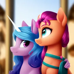 Size: 1024x1024 | Tagged: safe, derpibooru import, machine learning generated, izzy moonbow, pickpocket, sunny starscout, earth pony, pony, unicorn, g5, spoiler:g5, ai content, blurry background, image, maretime bay, outdoors, png, profile, satchel