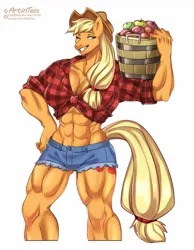 Size: 994x1280 | Tagged: suggestive, artist:artintess, derpibooru import, applejack, anthro, earth pony, pony, abs, apple, applejacked, belly button, breasts, bucket, busty applejack, cleavage, clothes, daisy dukes, female, food, front knot midriff, grin, hand on hip, image, jpeg, mare, midriff, muscles, muscular female, one eye closed, plaid shirt, shirt, shorts, signature, simple background, smiling, solo, white background