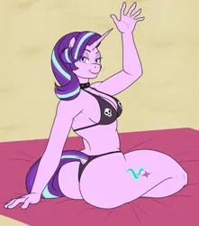 Size: 1500x1700 | Tagged: suggestive, artist:lurking tyger, derpibooru import, starlight glimmer, anthro, pony, unguligrade anthro, unicorn, ass, beach, beach towel, bikini, breasts, busty starlight glimmer, butt, clothes, female, image, lidded eyes, looking back, mare, png, smiling, solo, solo female, swimsuit, towel