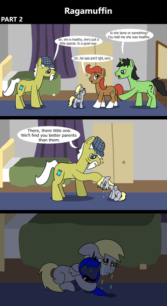 Size: 1920x3516 | Tagged: safe, artist:platinumdrop, derpibooru import, derpy hooves, princess luna, oc, oc:anon, oc:anon stallion, earth pony, pegasus, pony, unicorn, comic:ragamuffin, 3 panel comic, alone, annoyed, avoiding eye contact, bedroom, comic, commission, crying, female, filly, filly derpy, foal, head pat, image, married couple, orphan, orphanage, pat, plushie, png, ponyville, ragamuffin, sad, sitting, speech, speech bubble, talking, wings, younger