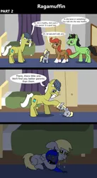 Size: 1920x3516 | Tagged: safe, artist:platinumdrop, derpibooru import, derpy hooves, princess luna, oc, oc:anon, oc:anon stallion, earth pony, pegasus, pony, unicorn, comic:ragamuffin, 3 panel comic, alone, annoyed, avoiding eye contact, bedroom, comic, commission, crying, female, filly, filly derpy, foal, head pat, image, married couple, orphan, orphanage, pat, plushie, png, ponyville, ragamuffin, sad, sitting, speech, speech bubble, talking, wings, younger