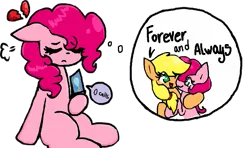 Size: 1073x637 | Tagged: safe, artist:toridesori, derpibooru import, applejack, pinkie pie, earth pony, pony, applepie, duo, female, floppy ears, heartbreak, image, lesbian, mobile phone, old art, phone, png, sad, shipping, simple background, smartphone, song reference, thought bubble, transparent background