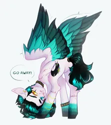 Size: 3567x4000 | Tagged: safe, artist:dreamyrat, derpibooru import, oc, unofficial characters only, pegasus, pony, accessory, black mane, blue eyes, blue mane, bracelet, butt, choker, collar, colored wings, dialogue, female, image, jewelry, looking at you, mare, open mouth, pegasus oc, piercing, plot, png, simple background, solo, spread wings, standing, tail, talking to viewer, two toned mane, two toned tail, two toned wings, white background, wings, yellow eyes