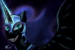 Size: 1280x853 | Tagged: safe, artist:mtapartstuff, derpibooru import, nightmare moon, alicorn, pony, 2018, female, grin, image, jpeg, looking at you, magic, mare, signature, smiling, smiling at you