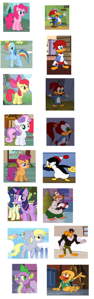 Size: 624x1980 | Tagged: safe, derpibooru import, edit, apple bloom, derpy hooves, pinkie pie, rainbow dash, scootaloo, spike, sweetie belle, twilight sparkle, bird, buzzard, dragon, earth pony, pegasus, penguin, pony, unicorn, walrus, call of the cutie, sonic rainboom (episode), the super speedy cider squeezy 6000, adorabloom, buzz buzzard, cartoon, chilly willy, crossover, cute, cutealoo, dashabetes, derpabetes, diapinkes, diasweetes, female, image, knothead, male, mare, png, simple background, spikabetes, splinter (woody woodpecker), the new woody woodpecker show, tweaky da lackey, twiabetes, wally walrus, white background, winnie woodpecker, woodpecker, woody woodpecker