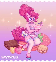 Size: 1280x1425 | Tagged: suggestive, artist:lavenderbonez, derpibooru import, pinkie pie, anthro, earth pony, pony, unguligrade anthro, the last problem, :p, alternate hairstyle, bra, breasts, busty pinkie pie, cake, cleavage, clothes, fat, female, food, fork, garter belt, gradient background, heart, heart eyes, image, lingerie, mare, obese, older, older pinkie pie, panties, piggy pie, png, pudgy pie, sitting, smiling, socks, solo, solo female, sparkles, stockings, thigh highs, tongue out, underwear, unshorn fetlocks, white underwear, wingding eyes