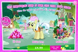 Size: 1961x1302 | Tagged: safe, derpibooru import, official, ambrosia, cindy block, earth pony, pony, advertisement, bush, clothes, costs real money, english, female, gameloft, gem, hard hat, hat, image, jpeg, mare, mobile game, my little pony: magic princess, numbers, sale, solo, solo focus, text, vest