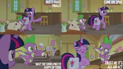 Size: 2000x1125 | Tagged: safe, derpibooru import, edit, edited screencap, editor:quoterific, screencap, dusty pages, mr. waddle, spike, twilight sparkle, twilight sparkle (alicorn), alicorn, dragon, the point of no return, bag, drum kit, drums, guitar, image, musical instrument, png, saddle bag, trumpet, winged spike, wings