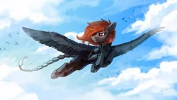 Size: 680x383 | Tagged: safe, artist:helmie-art, derpibooru import, bird, pegasus, pony, fallout equestria, armor, cloud, enclave, enclave armor, female, flying, image, jpeg, mare, power armor