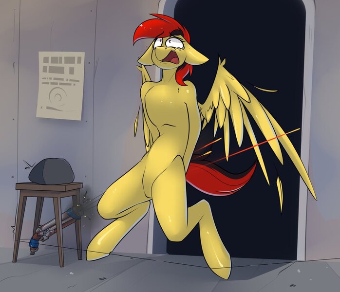 Size: 1600x1375 | Tagged: safe, artist:difis, derpibooru import, oc, oc:golden bullet, pegasus, pony, semi-anthro, fallout equestria, bipedal, crying, featureless chest, featureless crotch, female, gun, gunshot, hurts like a bitch, image, imminent pain, injured, jpeg, literal butthurt, mare, pain, pegasus oc, shooting, shot, shotgun, slouching, solo, tail, this ended in pain, this ended in tears, this is going to hurt, trap (device), two toned mane, two toned tail, we don't normally wear clothes, weapon, wings