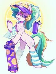 Size: 1280x1691 | Tagged: safe, artist:astralblues, derpibooru import, oc, oc:lemonswoosh, unofficial characters only, pony, unicorn, clothes, image, jpeg, leg warmers, skateboard, solo, visor