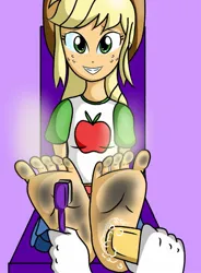 Size: 1033x1400 | Tagged: suggestive, alternate version, artist:scomun, derpibooru import, human, equestria girls, barefoot, brush, brushing, clothes, dirt, dirty, dirty feet, feet, female, fetish, foot fetish, giggling, image, jpeg, musk, smelly feet, soles, solo, solo female, stinky feet, tickle fetish, tickle torture, tickling, toes