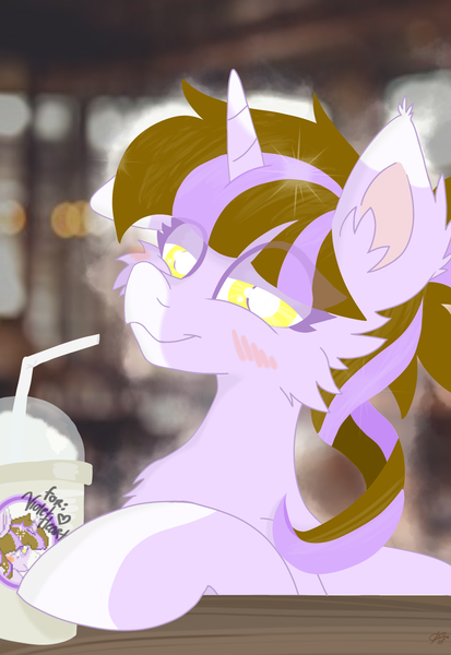 Size: 1732x2516 | Tagged: safe, artist:kotwitz, derpibooru import, oc, oc:violet heart, unofficial characters only, unicorn, blushing, cheek fluff, chest fluff, coffee, coffee shop, drink, ear fluff, floppy ears, image, looking at you, multicolored hair, png, shiny, smiling, smug, solo, straw, yellow eyes