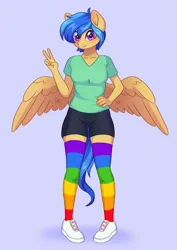 Size: 2077x2933 | Tagged: safe, artist:skysorbett, artist:vetta, derpibooru import, oc, oc:eclair winglain, unofficial characters only, anthro, pegasus, pony, blue background, clothes, image, png, rainbow socks, simple background, socks, solo, stockings, striped socks, thigh highs