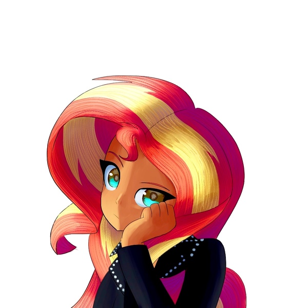 Size: 1200x1200 | Tagged: safe, artist:andromedasparkz, derpibooru import, sunset shimmer, human, equestria girls, clothes, female, hand on face, humanized, image, jacket, jpeg, leather, leather jacket, simple background, solo, white background