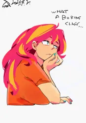 Size: 1400x2000 | Tagged: safe, artist:sozglitch, derpibooru import, part of a set, sunset shimmer, human, big breasts, bored, breasts, busty sunset shimmer, dialogue, female, hand on chin, huge breasts, humanized, image, jpeg, nail polish, part of a series, simple background, solo, white background