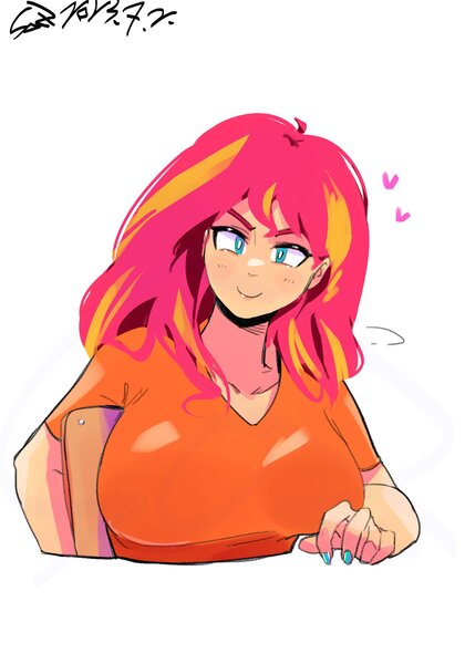 Size: 1400x2000 | Tagged: safe, artist:sozglitch, derpibooru import, part of a set, sunset shimmer, human, big breasts, breasts, busty sunset shimmer, female, floating heart, heart, huge breasts, humanized, image, jpeg, looking at you, nail polish, part of a series, simple background, smiling, smiling at you, solo, white background