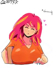 Size: 1400x2000 | Tagged: safe, artist:sozglitch, derpibooru import, part of a set, sunset shimmer, human, big breasts, breasts, busty sunset shimmer, eyes closed, female, floating heart, heart, huge breasts, humanized, image, jpeg, kissy face, looking at you, nail polish, onomatopoeia, part of a series, simple background, smiling, smiling at you, solo, white background