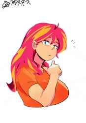 Size: 1400x2000 | Tagged: safe, artist:sozglitch, derpibooru import, part of a set, sunset shimmer, human, big breasts, breasts, busty sunset shimmer, emanata, female, huge breasts, humanized, image, jpeg, looking at you, nail polish, part of a series, simple background, solo, white background