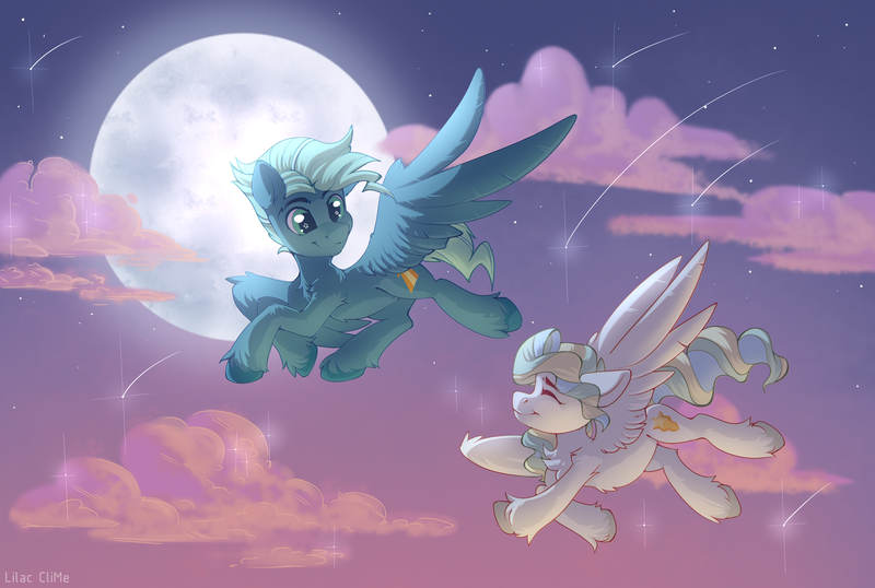 Size: 4464x3000 | Tagged: safe, artist:lilacclime, artist:lilclim, derpibooru import, sky stinger, twilight sky, vapor trail, oc, unofficial characters only, pegasus, pony, top bolt, chest fluff, cloud, cute, digital art, duo, duo male and female, eyelashes, eyes closed, eyes open, female, fluffy, flying, full background, full body, full moon, image, male, mare, moon, night, night sky, pegasus oc, png, romantic, shipping, shooting star, sky, sky background, sparkles, stallion, stars, wings