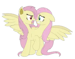 Size: 1492x1178 | Tagged: artist needed, safe, derpibooru import, fluttershy, bat pony, pegasus, pony, 2d, bat ponified, conjoined, conjoined twins, cyan eyes, deviantart, deviantart link, duo, female, flutterbat, g4, hissing, image, mare, multiple heads, open mouth, pink mane, png, race swap, red eyes, simple background, spread wings, transparent background, two heads, wings, yellow skin