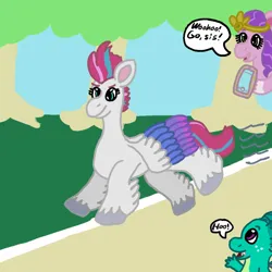 Size: 1000x1000 | Tagged: safe, artist:mintwhistle, derpibooru import, pipp petals, sparky sparkeroni, zipp storm, dragon, pegasus, pony, g5, atg 2023, baby, baby dragon, cheering, coat markings, confident, diadem, dialogue, encouragement, fangs, feathered fetlocks, female, flying, freckles, headband, hoof hold, image, jewelry, magnetic hooves, male, mare, medibang paint, mobile phone, motion lines, newbie artist training grounds, open mouth, open smile, phone, png, race, regalia, royal sisters (g5), running, sibling love, siblings, sisterly love, sisters, smartphone, smiling, socks (coat marking), speech bubble, speed lines, spread wings, tree, trio, unshorn fetlocks, wings
