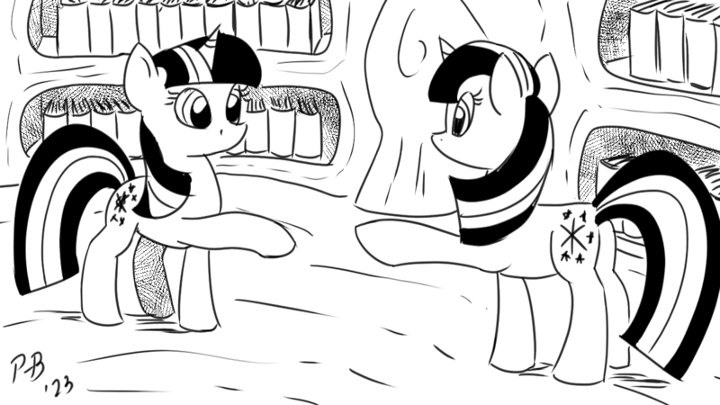 Size: 1200x675 | Tagged: safe, artist:pony-berserker, derpibooru import, twilight sparkle, unicorn, it's about time, 60s spider-man, golden oaks library, image, library, meme, meme reference, monochrome, png, pointing at each other, pony-berserker's twitter sketches, pony-berserker's twitter sketches (2023), unicorn twilight