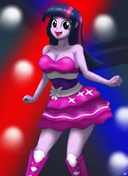 Size: 2975x4092 | Tagged: safe, artist:lennondash, derpibooru import, twilight sparkle, equestria girls, bare shoulders, boots, breasts, busty twilight sparkle, cleavage, clothes, dancing, dress, fall formal outfits, female, image, looking at you, open mouth, png, shoes, sleeveless, smiling, solo, strapless, twilight ball dress