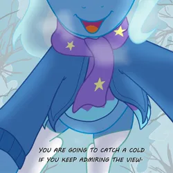 Size: 2048x2048 | Tagged: safe, artist:pony quarantine, derpibooru import, trixie, pony, unicorn, art pack:winter warm-up!, breath, close-up, clothes, dialogue, female, hidden eyes, image, jacket, jpeg, looking at you, mare, open mouth, open smile, scarf, smiling, smiling at you, socks, solo, stockings, talking to viewer, thigh highs