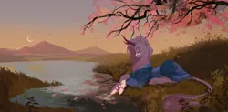Size: 2048x1006 | Tagged: safe, artist:hichieca, derpibooru import, oc, unofficial characters only, kirin, chest fluff, clothes, eyes closed, grass, image, jpeg, kimono (clothing), kirin oc, leaves, moon, mountain, mountain range, scenery, solo, tree, water