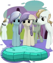 Size: 2030x2391 | Tagged: safe, artist:equestriaexploration, derpibooru import, arctic lily, winnow wind, crystal pony, pony, the crystal empire, atg 2023, crystal heart, fake crystal heart, floppy ears, image, jade (character), newbie artist training grounds, png, scene interpretation