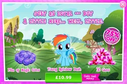 Size: 1955x1297 | Tagged: safe, derpibooru import, official, rainbow dash, pegasus, pony, advertisement, costs real money, english, female, filly, filly rainbow dash, foal, gameloft, gem, image, jpeg, magic coins, mare, mobile game, my little pony: magic princess, numbers, sale, solo, solo focus, spread wings, text, wings, younger