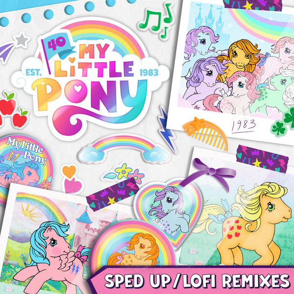 Size: 3000x3000 | Tagged: safe, derpibooru import, official, applejack (g1), blossom, blue belle, butterscotch (g1), cotton candy (g1), firefly, minty (g1), snuzzle, earth pony, pegasus, pony, g1, 40th anniversary, album cover, cloud, dream castle, dream valley, female, flower, image, jpeg, lofi, mare, my little pony logo, paper, photo, rainbow, sun, text
