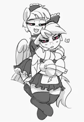 Size: 860x1249 | Tagged: safe, artist:pabbley, derpibooru import, rainbow dash, windy whistles, pegasus, pony, clothes, emanata, female, floppy ears, grayscale, hug, hug from behind, image, jpeg, lidded eyes, maid, mare, monochrome, mother and child, mother and daughter, narrowed eyes, open mouth, open smile, partial color, rainbow dash is not amused, rainbow maid, simple background, smiling, unamused, white background