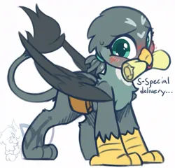 Size: 905x869 | Tagged: safe, artist:drawtheuniverse, derpibooru import, gabby, gryphon, bag, blush lines, blushing, claws, cute, daaaaaaaaaaaw, dialogue, female, g4, gabbybetes, image, jpeg, looking at you, mouth hold, paws, saddle bag, scroll, simple background, solo, sweat, sweatdrop, tail, text, weapons-grade cute, white background
