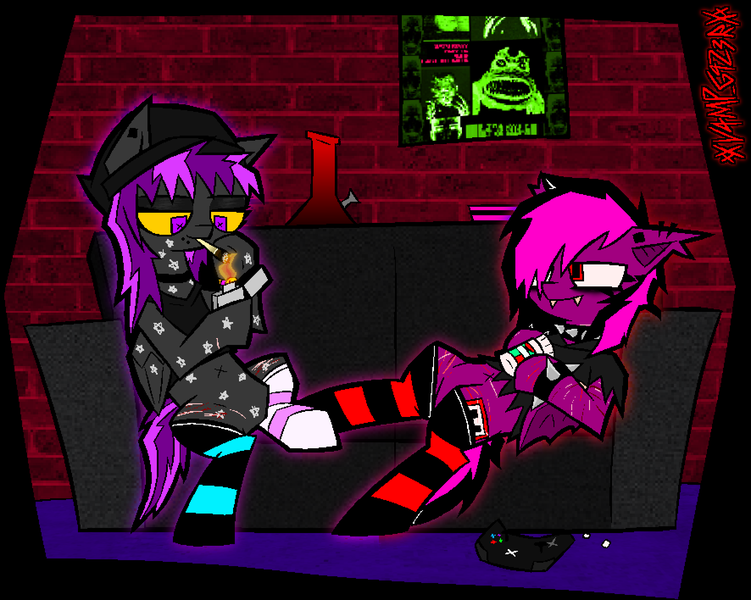 Size: 1772x1416 | Tagged: safe, artist:xxv4mp_g4z3rxx, derpibooru import, oc, oc:spaced out, oc:violet valium, bat pony, pegasus, pony, bat pony oc, bat wings, beanie, bong, bracelet, clothes, collar, colored sclera, controller, cough syrup, drugs, duo, dxm, ear piercing, hat, hoodie, image, knife, lighter, marijuana, nonbinary, pegasus oc, piercing, pill bottle, pills, png, poster, purple eyes, red eyes, scar, self harm, self harm scars, signature, socks, spiked collar, spiked wristband, striped socks, tail, tanktop, torn clothes, two toned mane, two toned tail, wings, wristband, yellow sclera