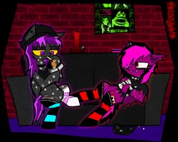 Size: 1772x1416 | Tagged: safe, artist:xxv4mp_g4z3rxx, derpibooru import, oc, oc:spaced out, oc:violet valium, bat pony, pegasus, pony, bat pony oc, bat wings, beanie, bong, bracelet, clothes, collar, colored sclera, controller, cough syrup, drugs, duo, dxm, ear piercing, hat, hoodie, image, knife, lighter, marijuana, nonbinary, pegasus oc, piercing, pill bottle, pills, png, poster, purple eyes, red eyes, scar, self harm, self harm scars, signature, socks, spiked collar, spiked wristband, striped socks, tail, tanktop, torn clothes, two toned mane, two toned tail, wings, wristband, yellow sclera