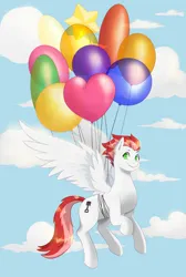 Size: 1945x2889 | Tagged: safe, alternate version, artist:erein, derpibooru import, pinkie pie, oc, oc:swift apex, unofficial characters only, pegasus, pony, balloon, cloud, commission, ears up, floating, flying, image, jpeg, male, simple background, sky, smiling, solo, then watch her balloons lift her up to the sky, ych result