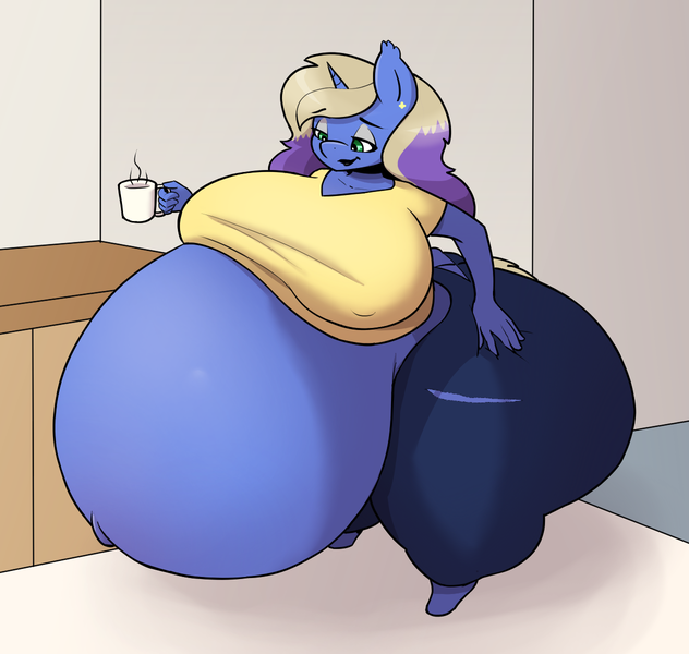 Size: 1264x1200 | Tagged: suggestive, artist:ahobobo, derpibooru import, oc, oc:blue ambrosia, anthro, unicorn, anthro oc, belly, big belly, big breasts, breasts, butt, clothes, coffee, coffee mug, eyeshadow, female, huge belly, hyper, hyper belly, hyper pregnancy, image, impossibly large belly, makeup, milf, mug, png, pregnant, solo, solo female, the ass was fat, wardrobe malfunction