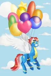Size: 1945x2889 | Tagged: safe, alternate version, artist:erein, derpibooru import, pinkie pie, oc, oc:swift apex, unofficial characters only, pegasus, pony, balloon, clothes, cloud, commission, ears up, floating, flying, image, jpeg, male, simple background, sky, smiling, solo, then watch her balloons lift her up to the sky, uniform, wonderbolts uniform, ych result