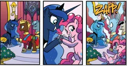 Size: 1578x825 | Tagged: safe, derpibooru import, idw, pinkie pie, princess luna, unnamed character, unnamed pony, alicorn, earth pony, pony, unicorn, spoiler:comic, spoiler:comicff7, female, image, joy buzzer, laughing, male, mare, png, prank, shocked, stallion, the new yorker