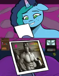 Size: 728x949 | Tagged: safe, artist:glim_gg, derpibooru import, human, pony, unicorn, g5, arnold schwarzenegger, image, irl, irl human, misty brightdawn, photo, png, smiling, television